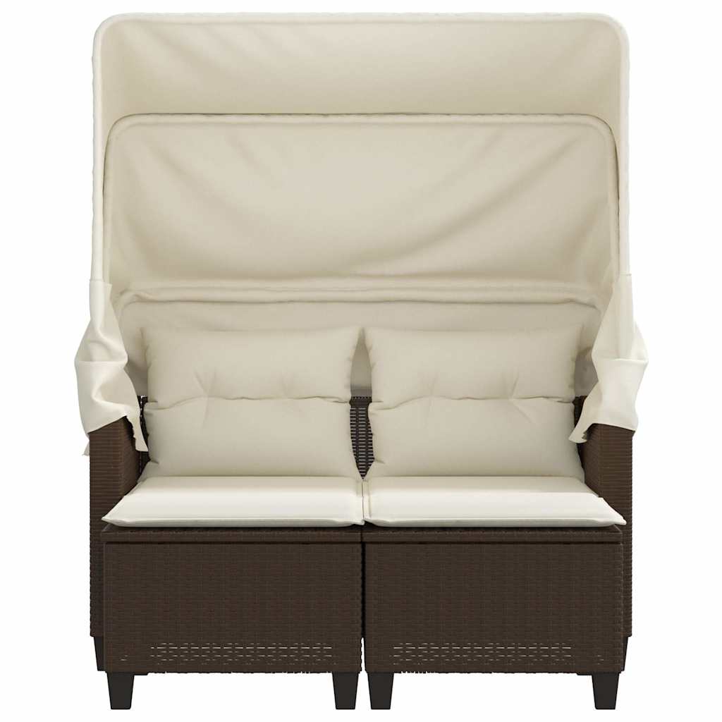 vidaXL 2-os. sofa ogrodowa, daszek i podnóżki, brązowa, rattan PE