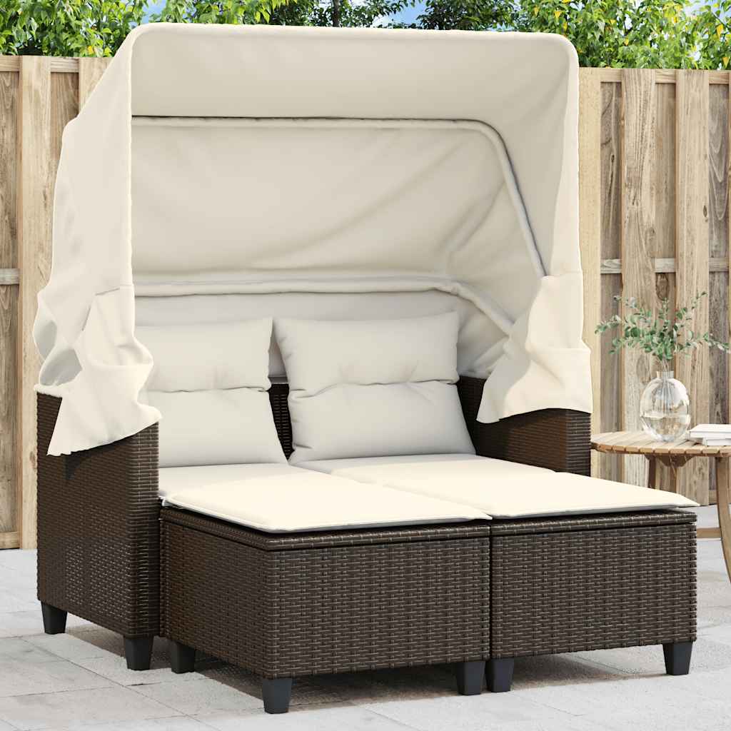 vidaXL 2-os. sofa ogrodowa, daszek i podnóżki, brązowa, rattan PE