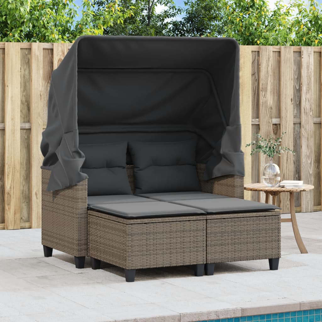 vidaXL 2-os. sofa ogrodowa z daszkiem i podnóżkami, szara, rattan PE