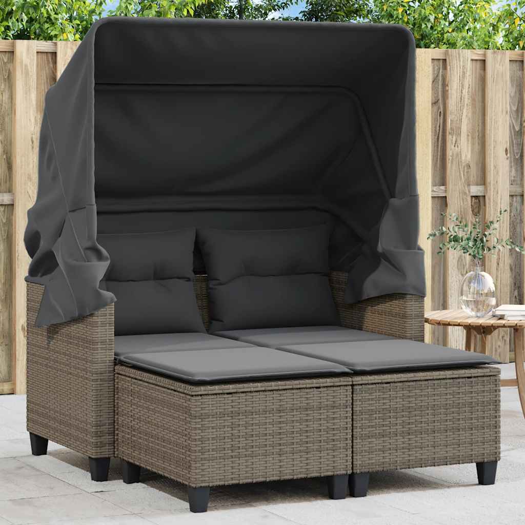 vidaXL 2-os. sofa ogrodowa z daszkiem i podnóżkami, szara, rattan PE