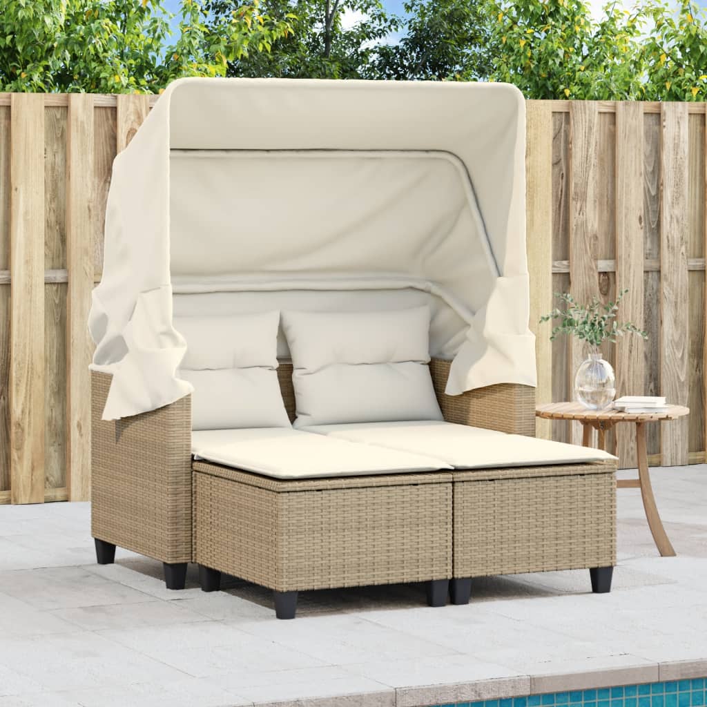 vidaXL 2-os. sofa ogrodowa z zadaszeniem i stołkami, beżowa, rattan PE