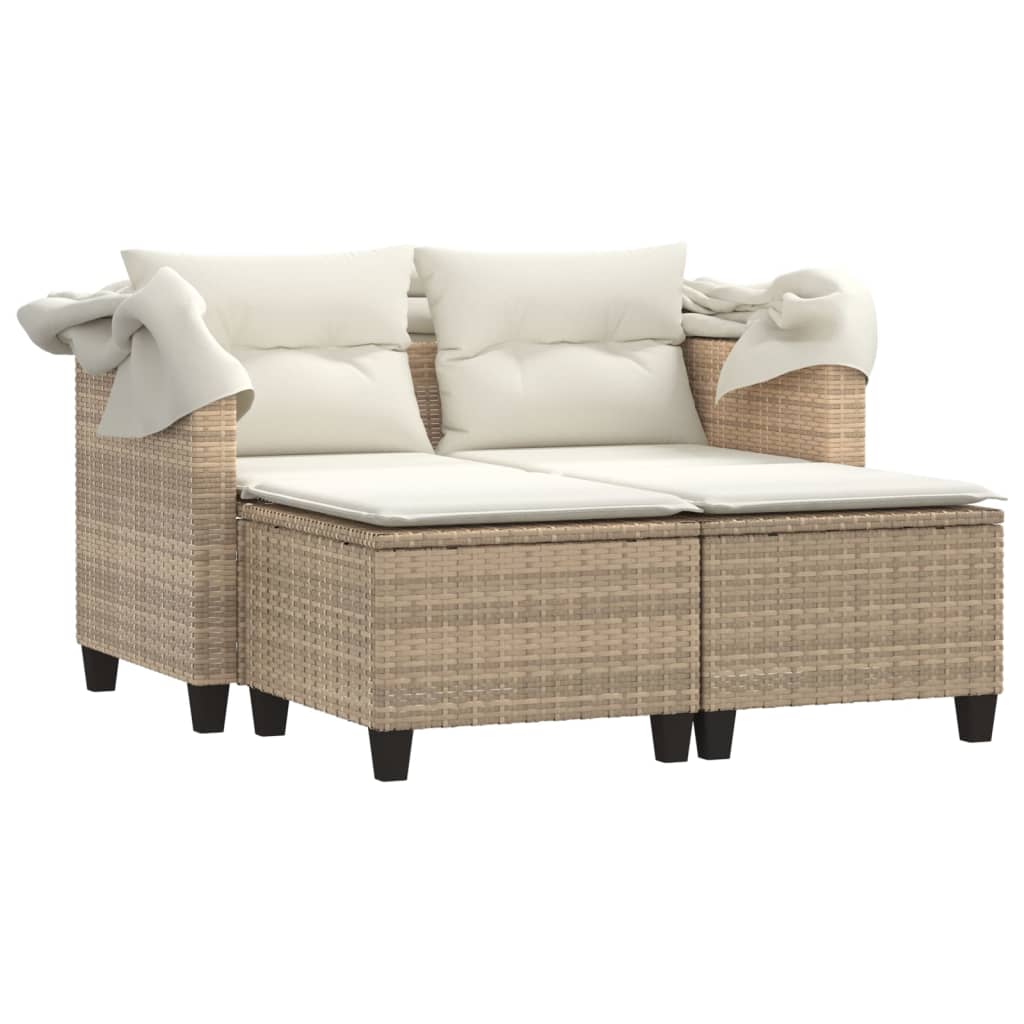vidaXL 2-os. sofa ogrodowa z zadaszeniem i stołkami, beżowa, rattan PE