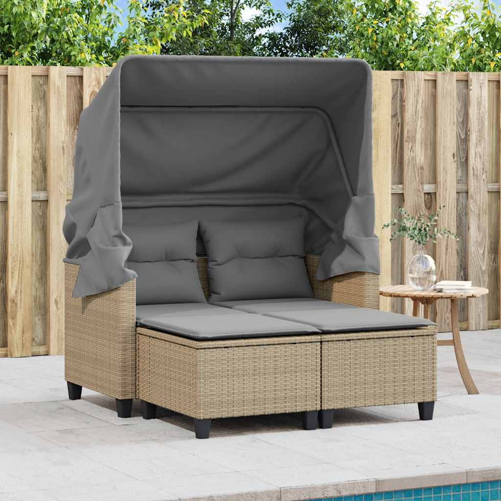 vidaXL 2-os. sofa ogrodowa z zadaszeniem i stołkami, beżowa, rattan PE