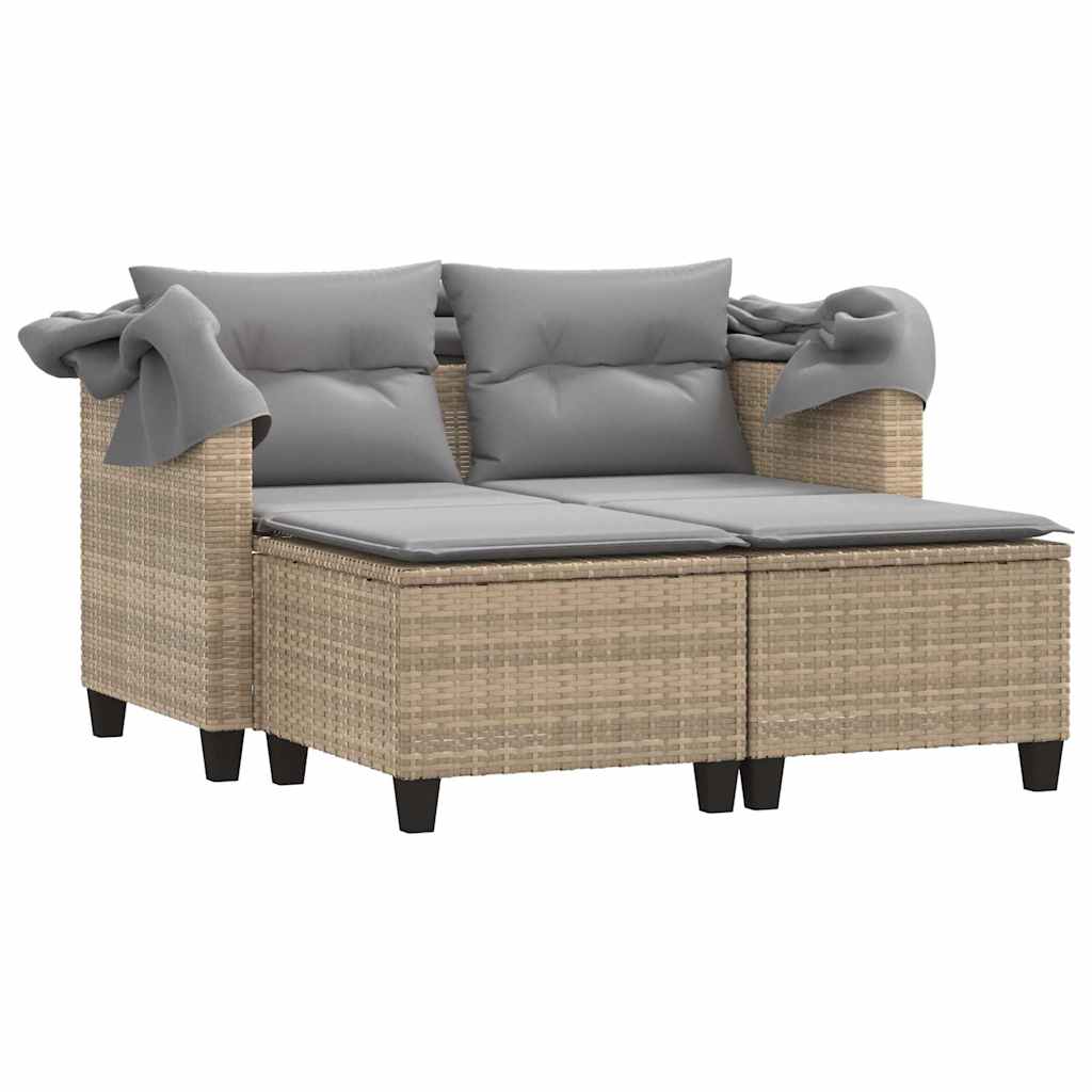 vidaXL 2-os. sofa ogrodowa z zadaszeniem i stołkami, beżowa, rattan PE