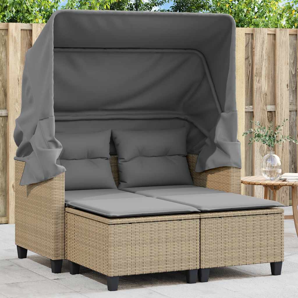 vidaXL 2-os. sofa ogrodowa z zadaszeniem i stołkami, beżowa, rattan PE