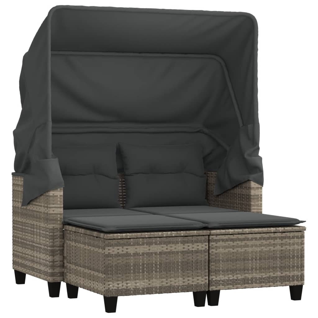 vidaXL 2-os. sofa ogrodowa, daszek i podnóżki, jasnoszara, rattan PE