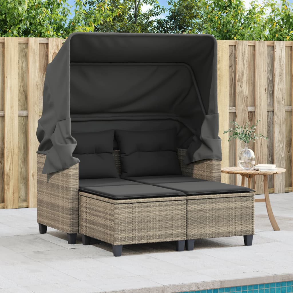 vidaXL 2-os. sofa ogrodowa, daszek i podnóżki, jasnoszara, rattan PE