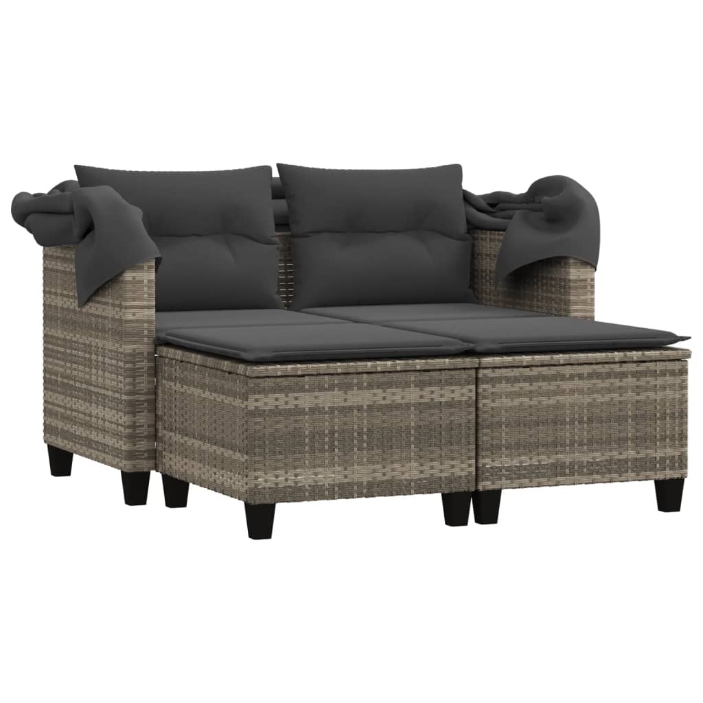 vidaXL 2-os. sofa ogrodowa, daszek i podnóżki, jasnoszara, rattan PE