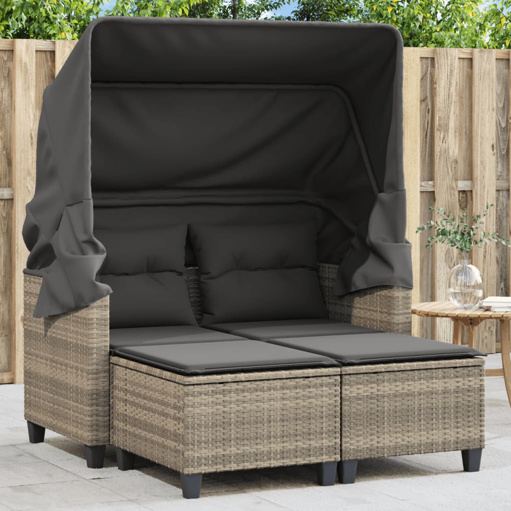 vidaXL 2-os. sofa ogrodowa, daszek i podnóżki, jasnoszara, rattan PE