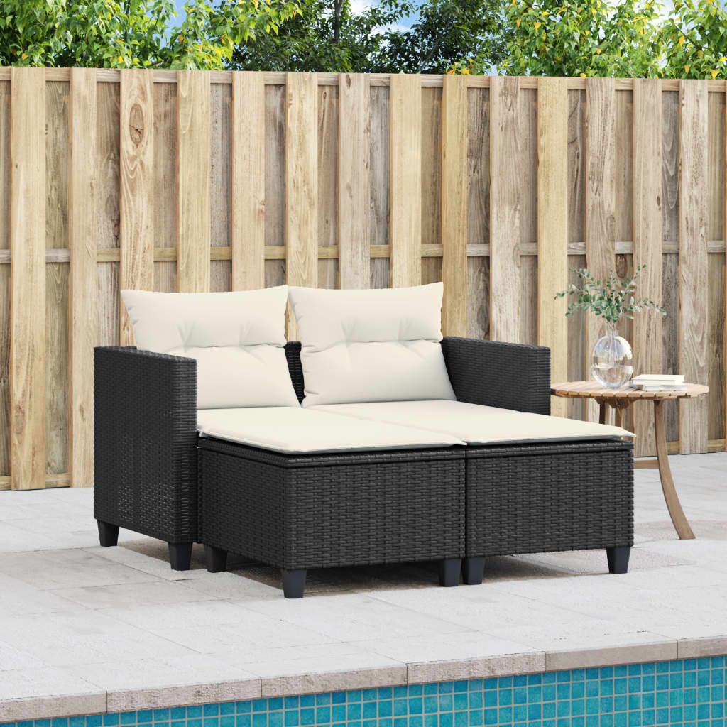 vidaXL 2-osobowa sofa ogrodowa z podnóżkami, czarna, polirattan