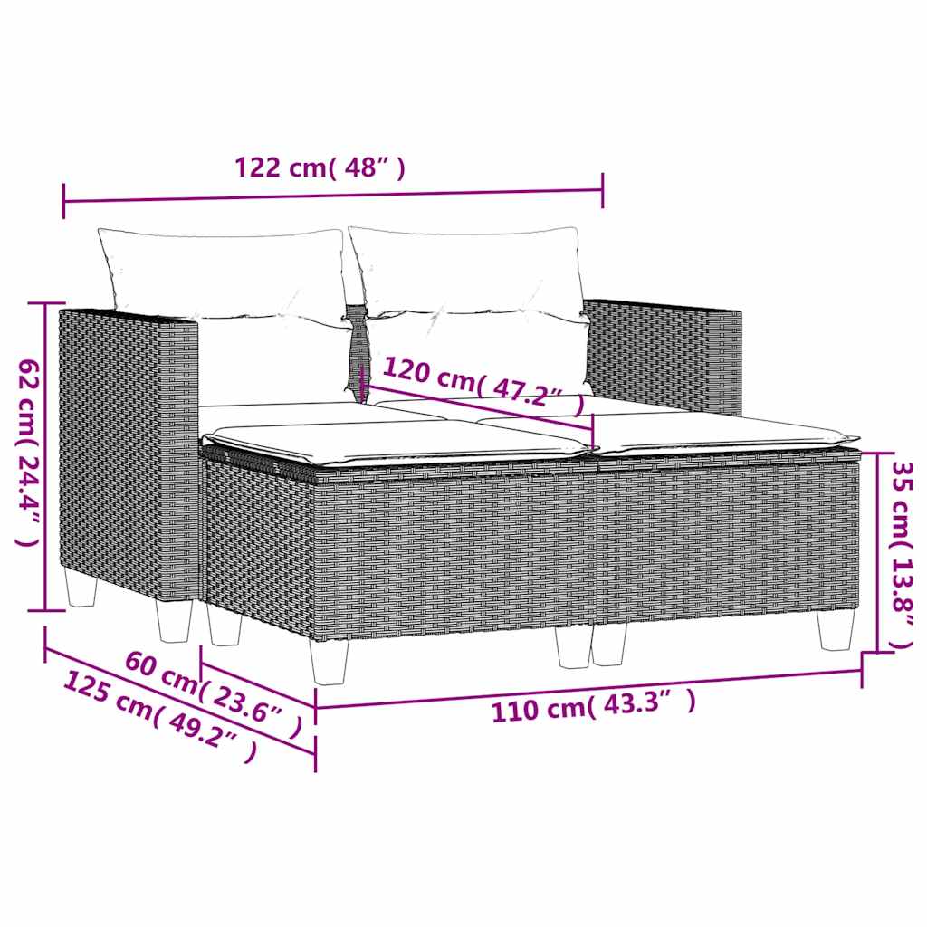 vidaXL 2-osobowa sofa ogrodowa z podnóżkami, czarna, polirattan