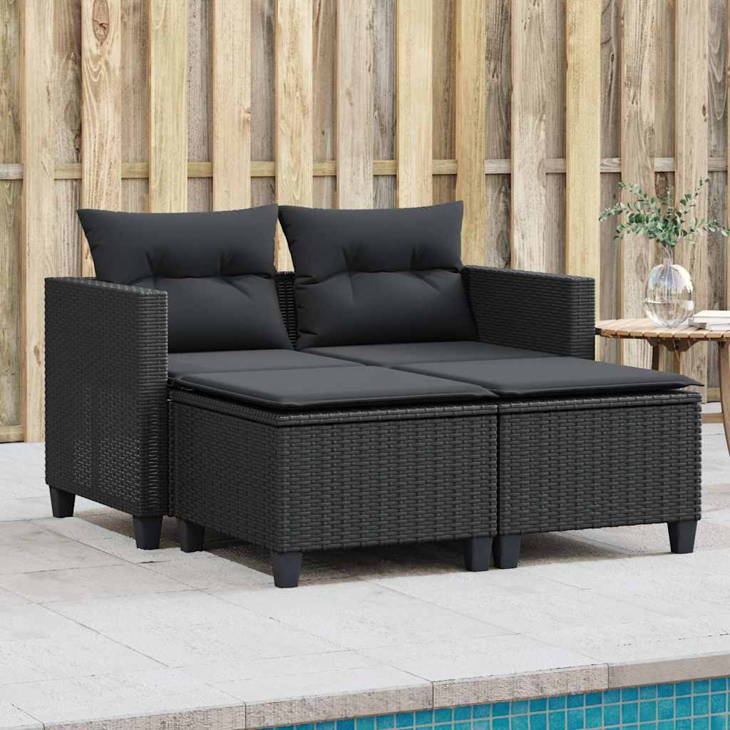 vidaXL 2-osobowa sofa ogrodowa z podnóżkami, czarna, polirattan