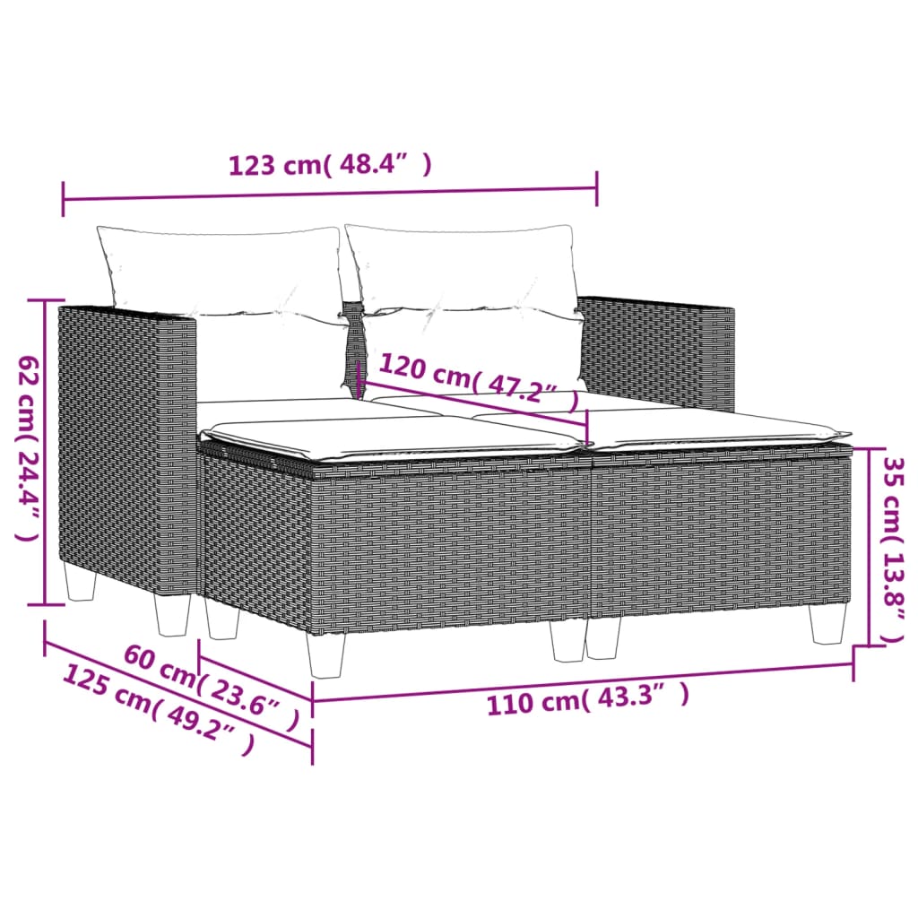vidaXL Sofa ogrodowa 2-osobowa ze stołkami, beżowa, rattan PE