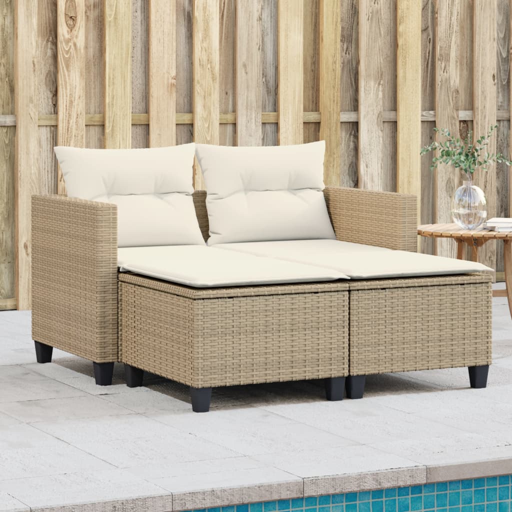 vidaXL Sofa ogrodowa 2-osobowa ze stołkami, beżowa, rattan PE