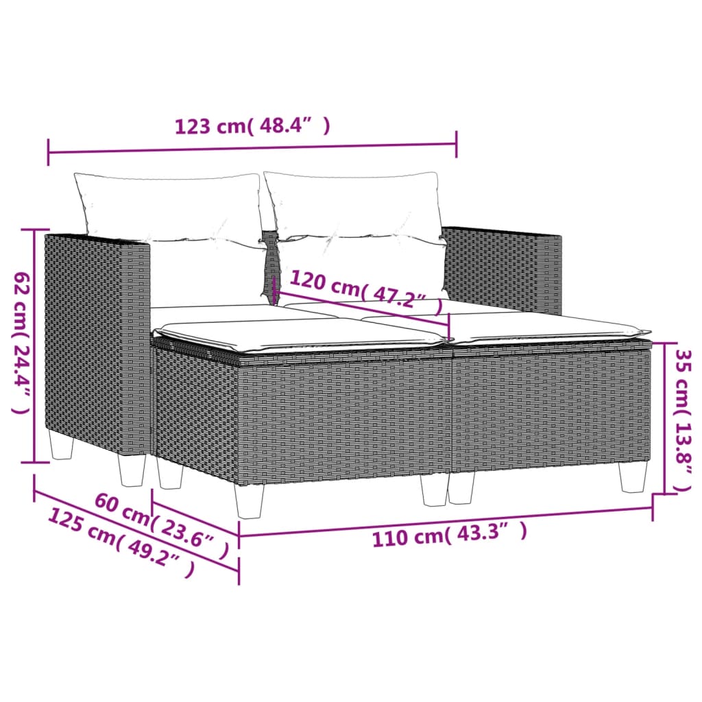 vidaXL 2-osobowa sofa ogrodowa z podnóżkami, jasnoszara, polirattan