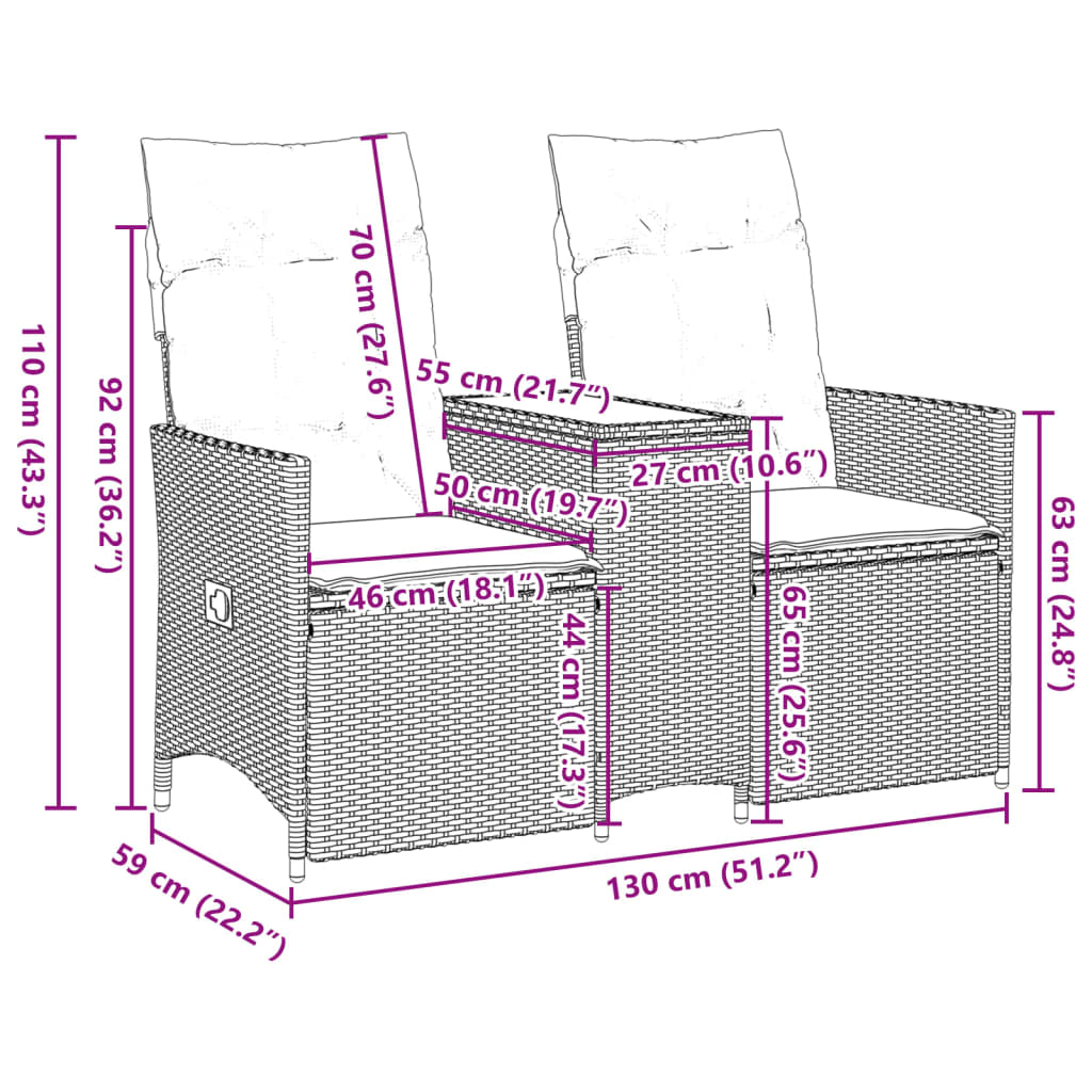 vidaXL Rozkładana sofa ogrodowa dla 2 os., ze stolikiem, szara