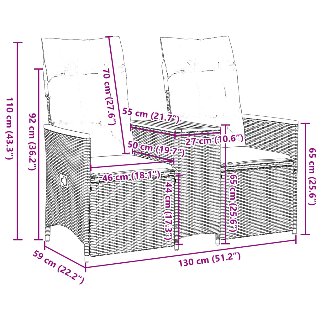 vidaXL Rozkładana sofa ogrodowa dla 2 os., ze stolikiem, czarna