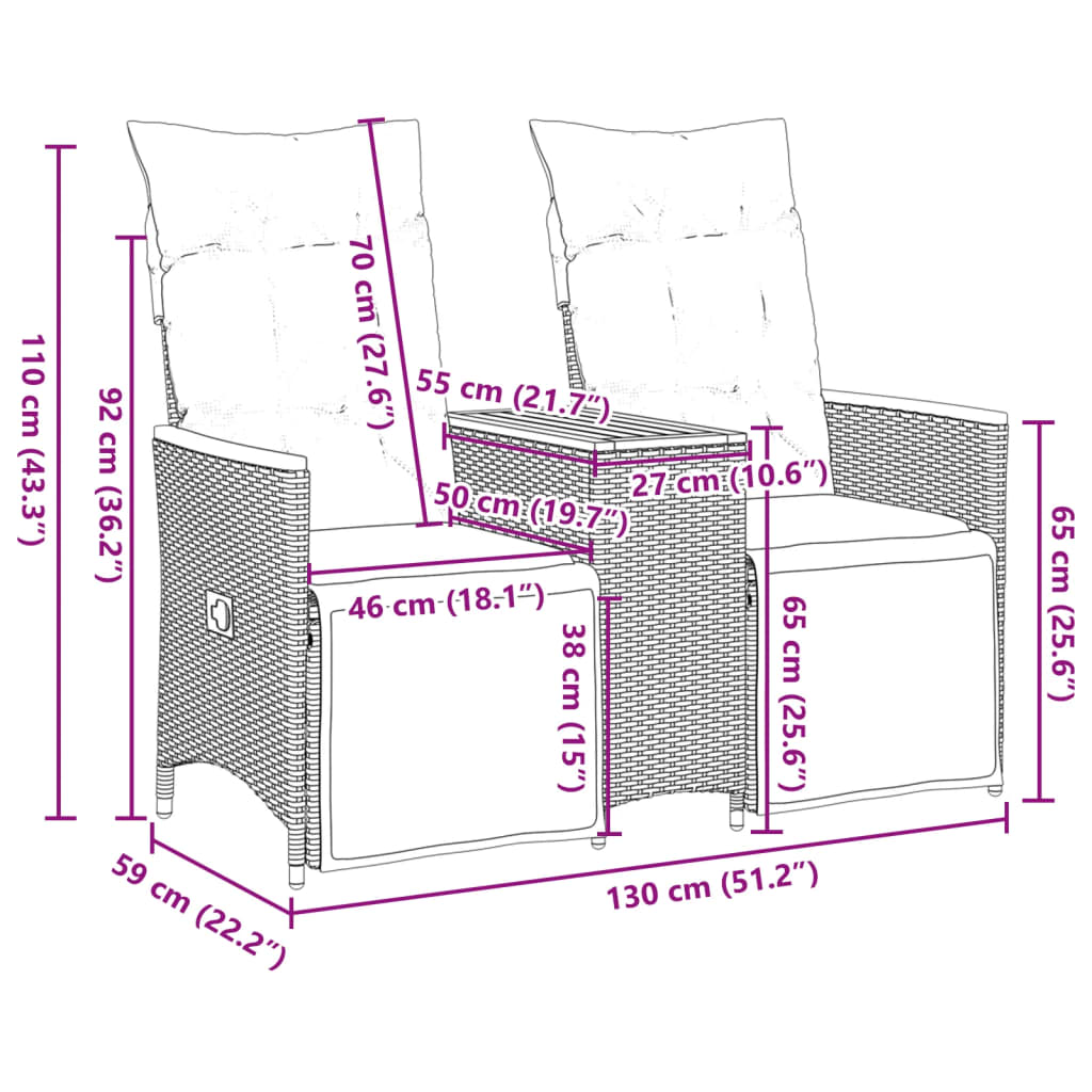 vidaXL Rozkładana sofa ogrodowa dla 2 os., ze stolikiem, czarna