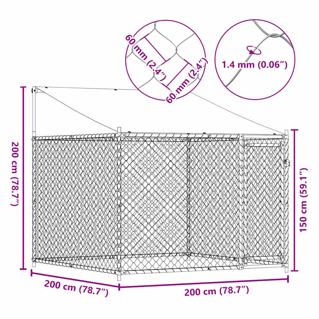 vidaXL Klatka dla psa, z dachem i drzwiami, szara, 2x2x2 m, stal