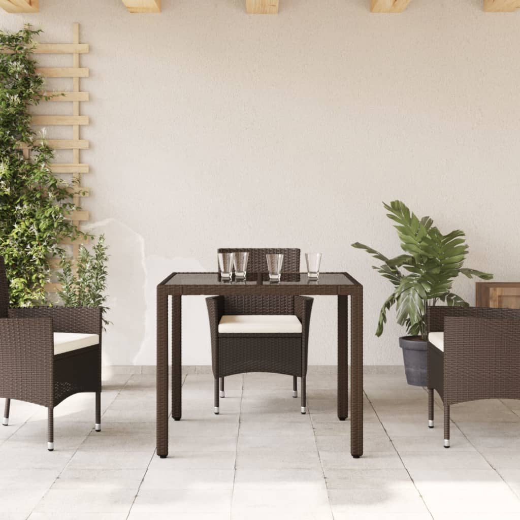 vidaXL Stół ogrodowy ze szklanym blatem, brąz, 90x90x75 cm, polirattan