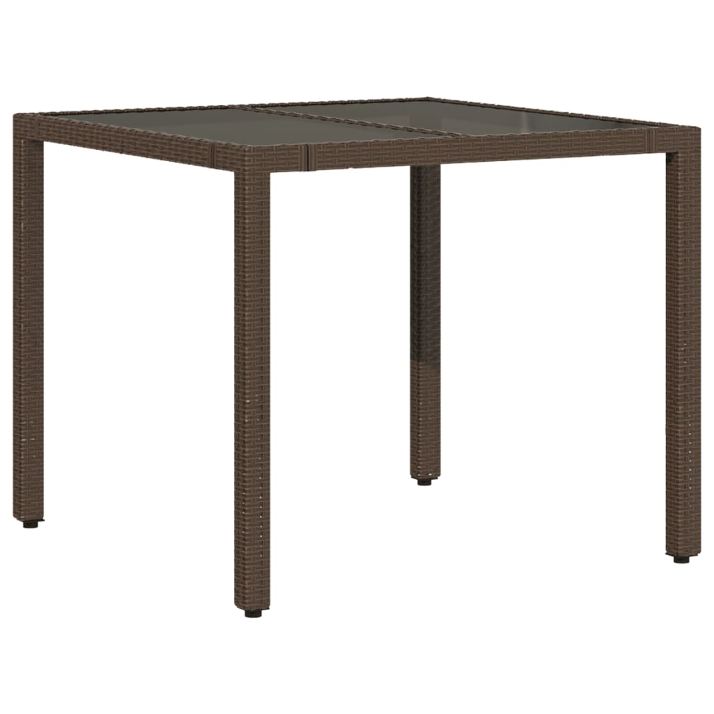 vidaXL Stół ogrodowy ze szklanym blatem, brąz, 90x90x75 cm, polirattan