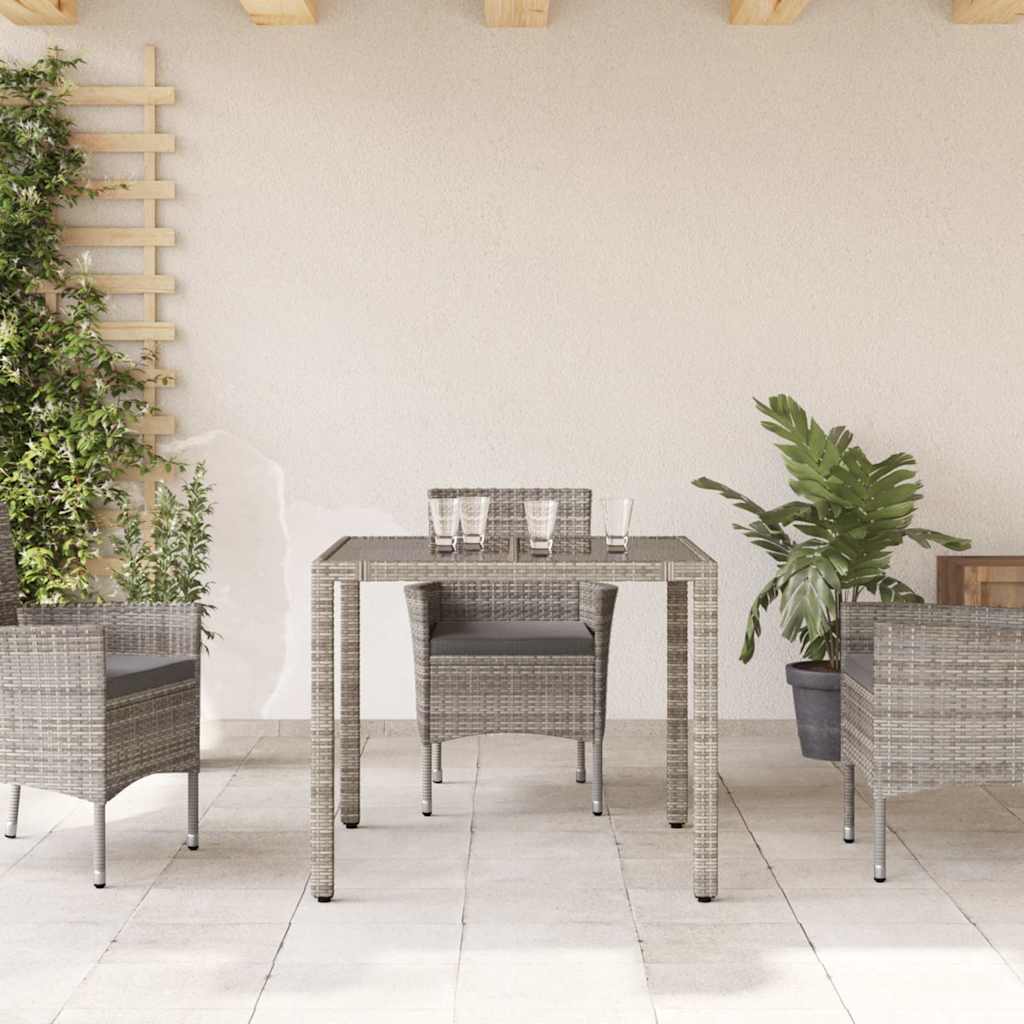 vidaXL Stół ogrodowy ze szklanym blatem, szary, 90x90x75 cm, rattan PE