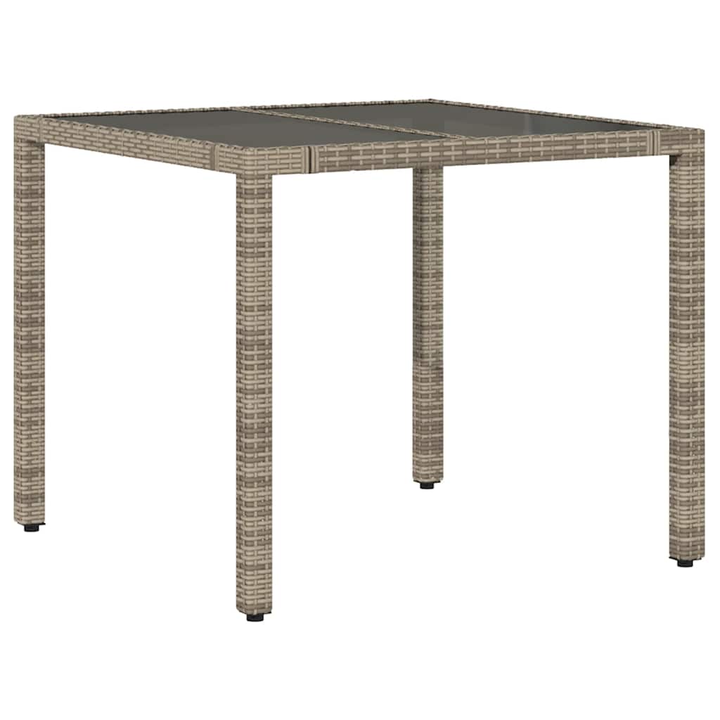 vidaXL Stół ogrodowy ze szklanym blatem, szary, 90x90x75 cm, rattan PE