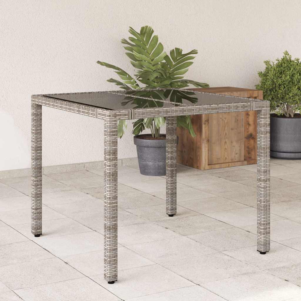vidaXL Stół ogrodowy ze szklanym blatem, szary, 90x90x75 cm, rattan PE