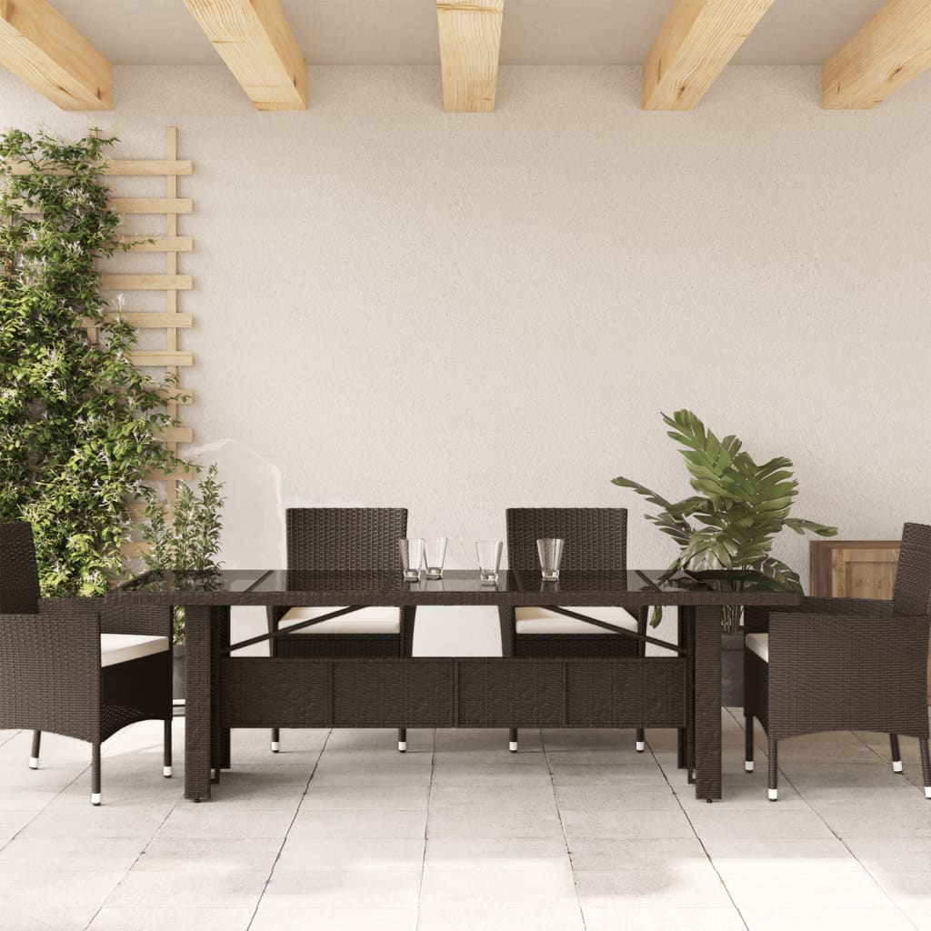 vidaXL Stół ogrodowy ze szklanym blatem, brąz, 240x90x75cm, polirattan