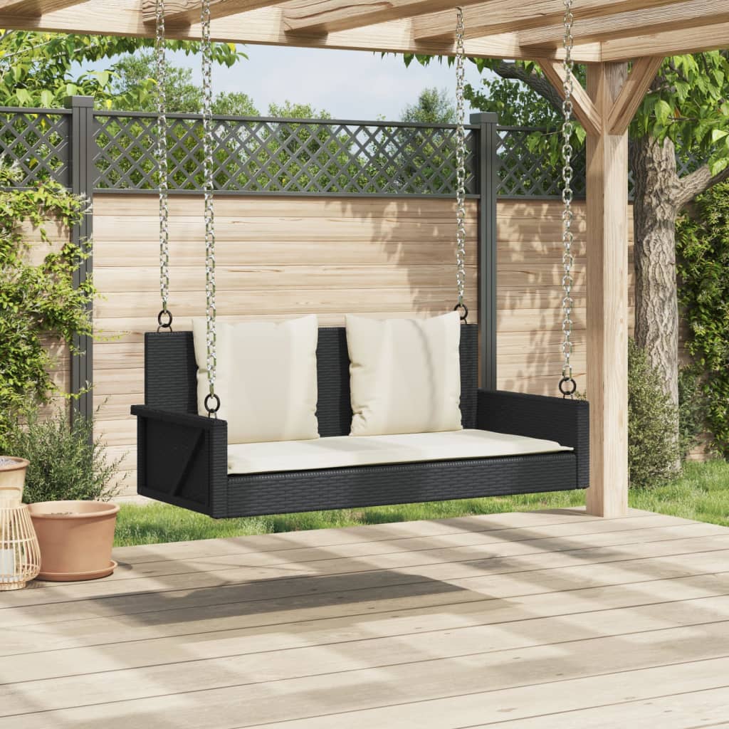 vidaXL Ławka huśtawka z poduszkami, czarna, 119x56x48 cm, polirattan