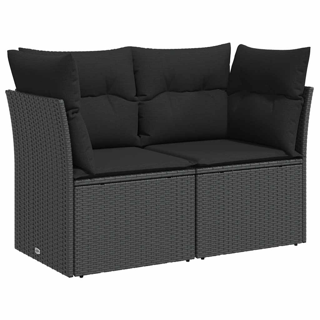 vidaXL Sofa ogrodowa z poduszkami, 2-osobowa, czarna, z polirattanu