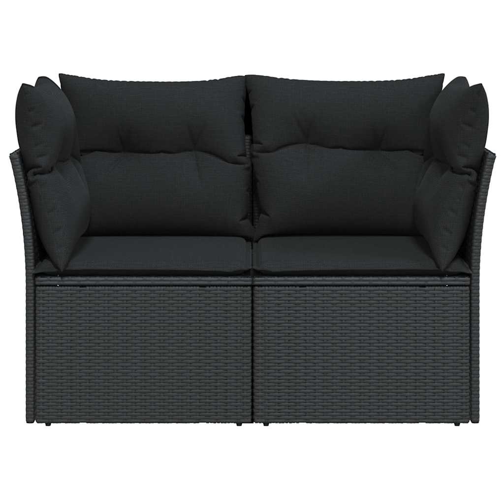 vidaXL Sofa ogrodowa z poduszkami, 2-osobowa, czarna, z polirattanu