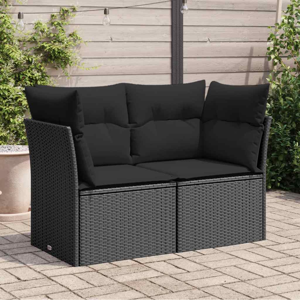 vidaXL Sofa ogrodowa z poduszkami, 2-osobowa, czarna, z polirattanu