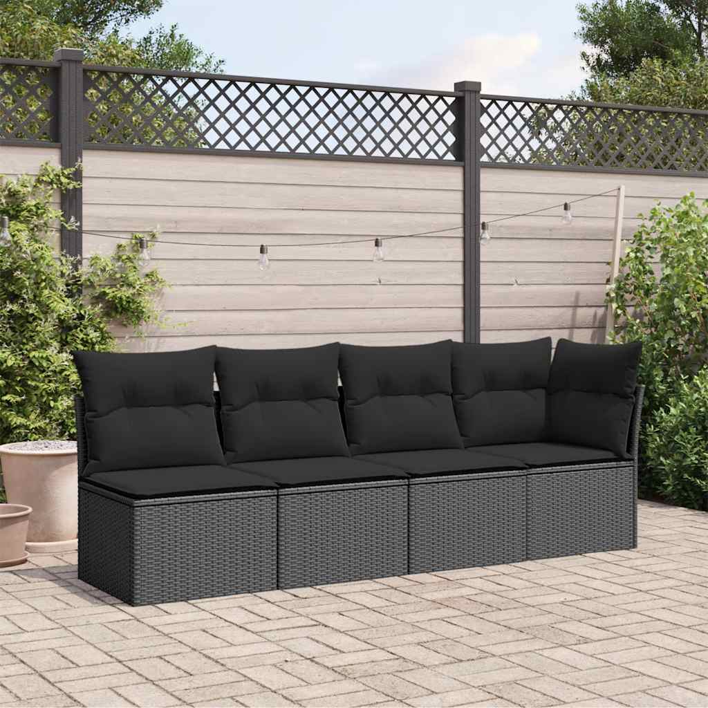 vidaXL Sofa ogrodowa z poduszkami, 4-osobowa, czarna, z polirattanu