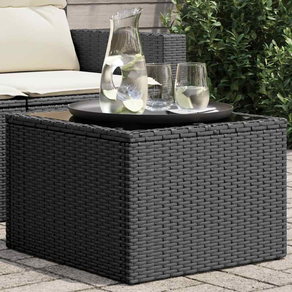 vidaXL Stół ogrodowy ze szklanym blatem, czarny, 55x55x37 cm, polirattan