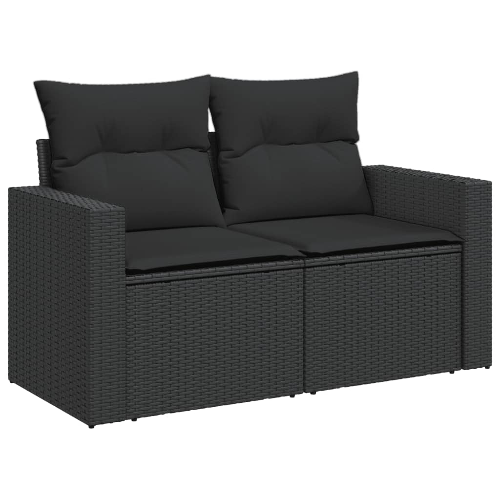 vidaXL Sofa ogrodowa z poduszkami, 2-osobowa, czarna, z polirattanu
