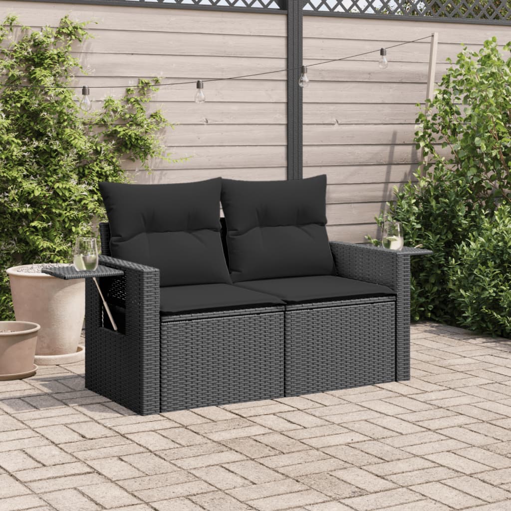 vidaXL Sofa ogrodowa z poduszkami, 2-osobowa, czarna, polirattan