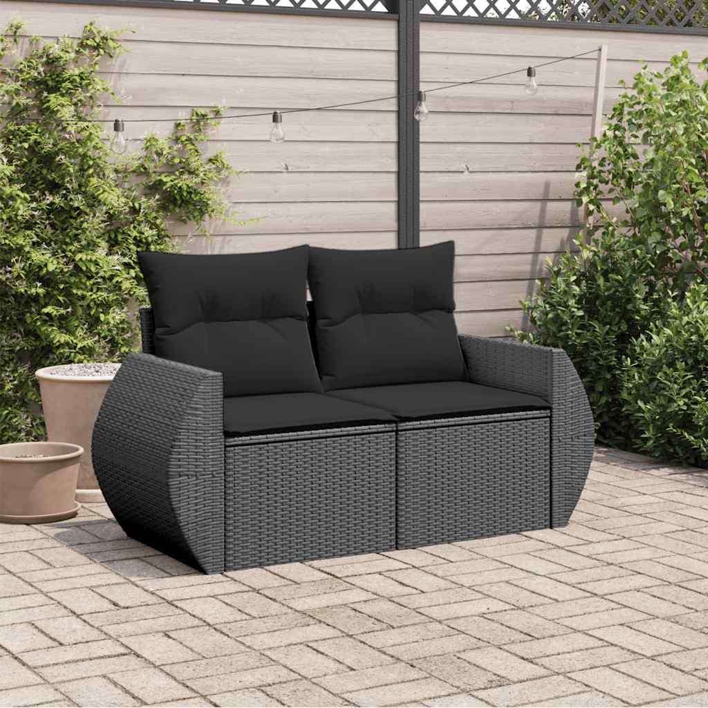 vidaXL Sofa ogrodowa z poduszkami, 2-osobowa, czarna, polirattan