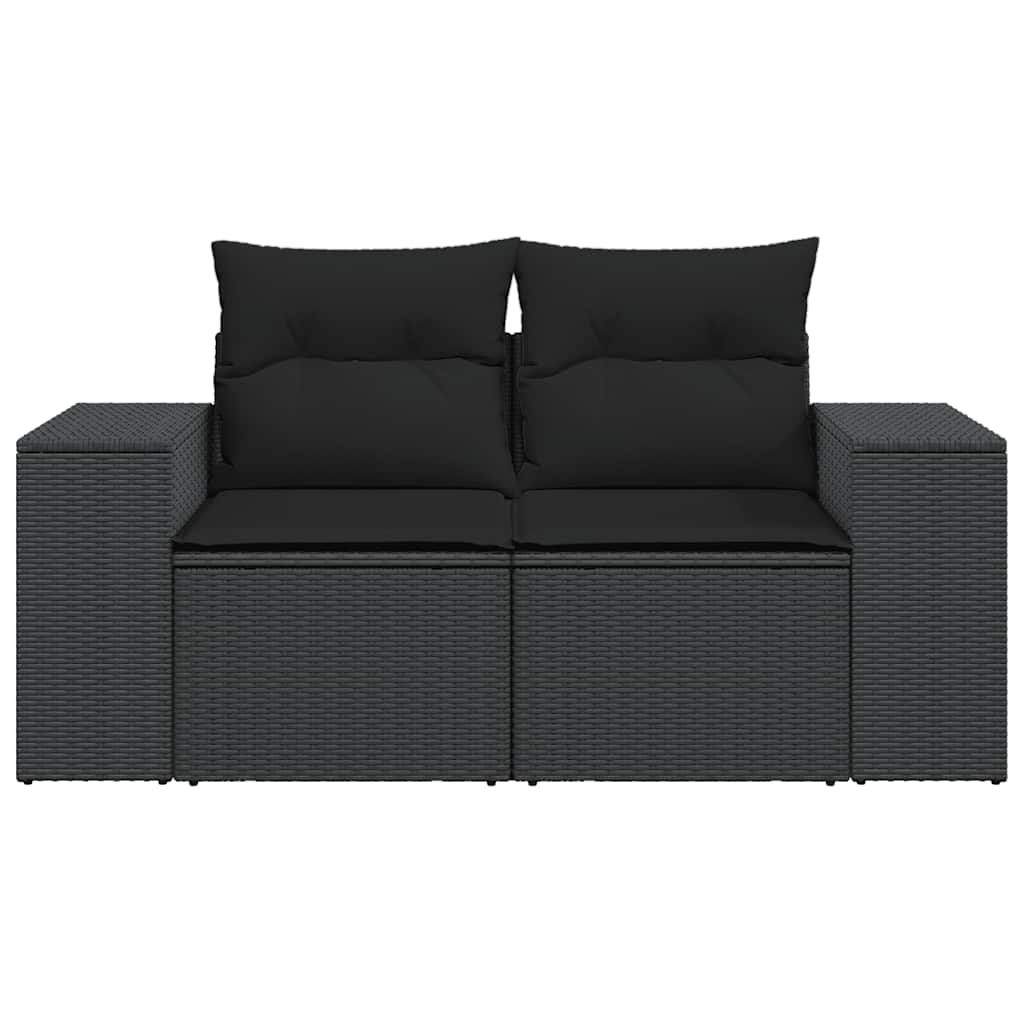 vidaXL Sofa ogrodowa z poduszkami, 2-osobowa, czarna, z polirattanu