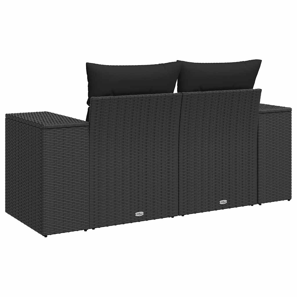 vidaXL Sofa ogrodowa z poduszkami, 2-osobowa, czarna, z polirattanu