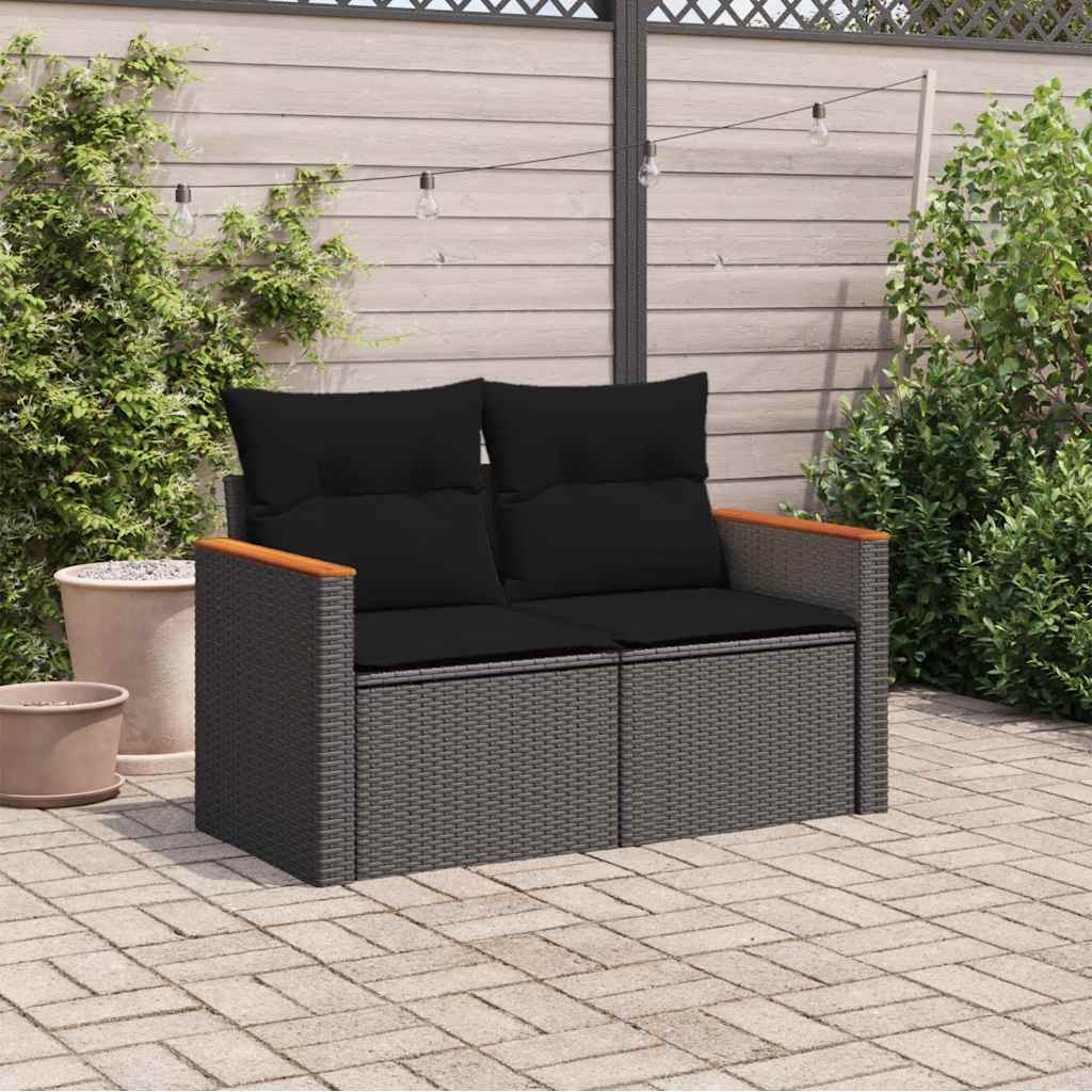 vidaXL Sofa ogrodowa z poduszkami, 2-osobowa, czarna, z polirattanu