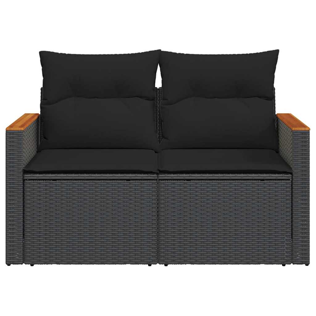 vidaXL Sofa ogrodowa z poduszkami, 2-osobowa, czarna, z polirattanu