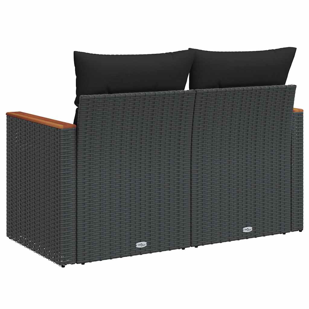 vidaXL Sofa ogrodowa z poduszkami, 2-osobowa, czarna, z polirattanu