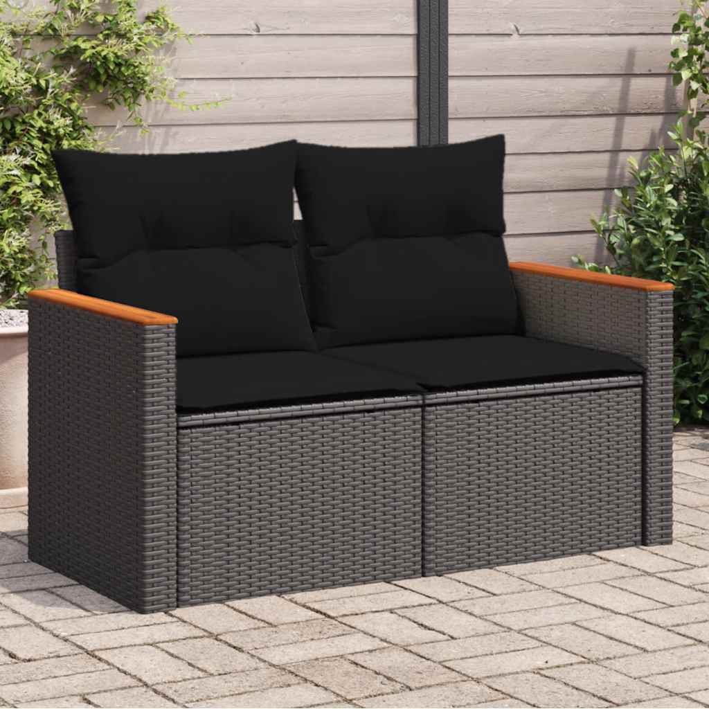 vidaXL Sofa ogrodowa z poduszkami, 2-osobowa, czarna, z polirattanu