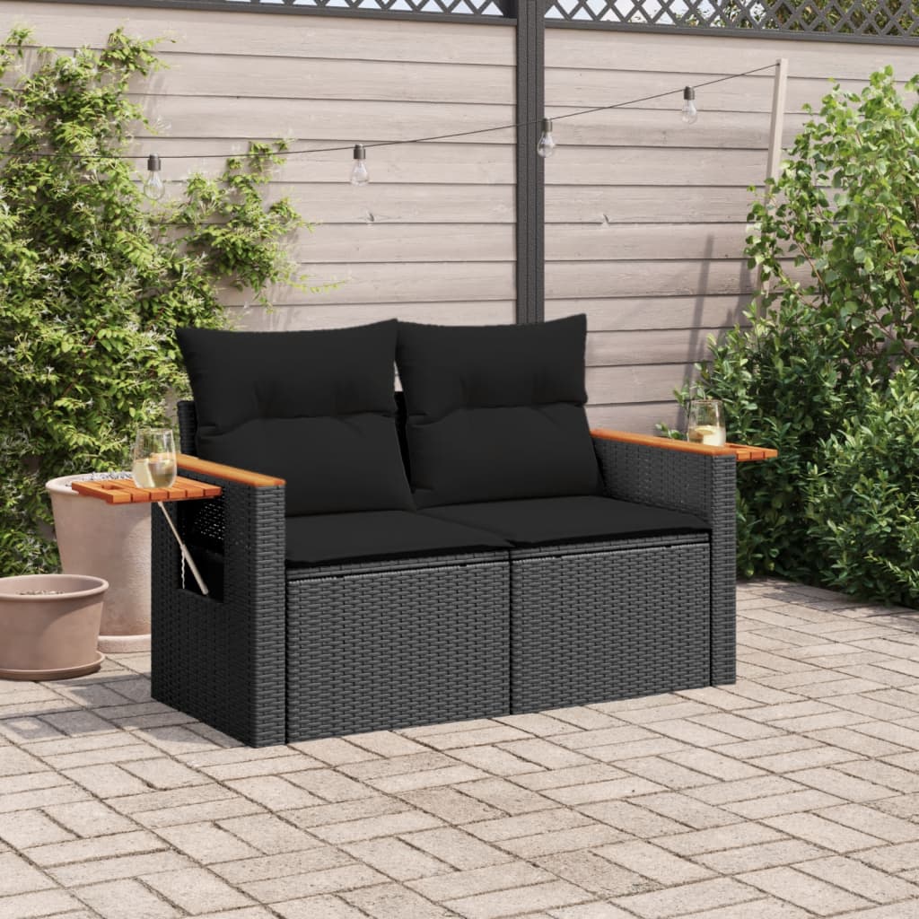 vidaXL Sofa ogrodowa z poduszkami, 2-osobowa, czarna, polirattan