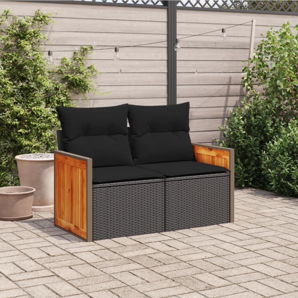 vidaXL Sofa ogrodowa z poduszkami, 2-osobowa, czarna, polirattan