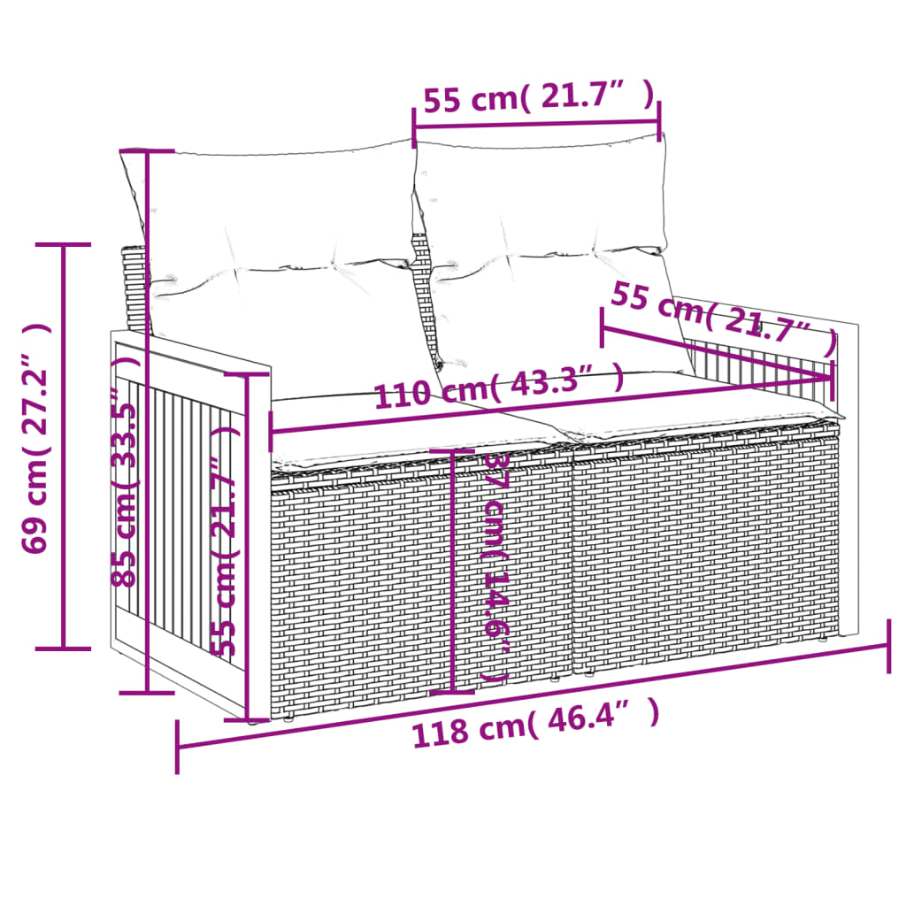 vidaXL Sofa ogrodowa z poduszkami, 2-osobowa, czarna, polirattan