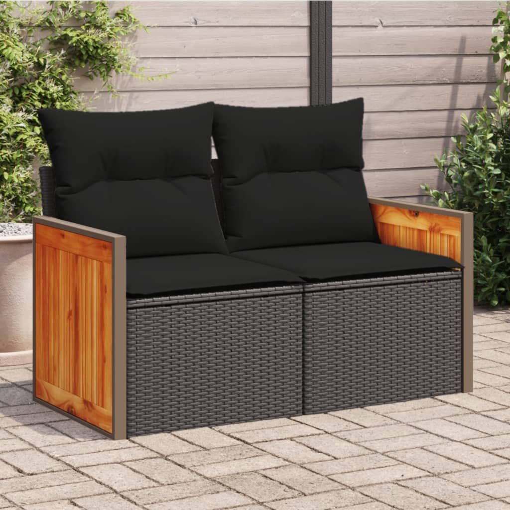vidaXL Sofa ogrodowa z poduszkami, 2-osobowa, czarna, polirattan