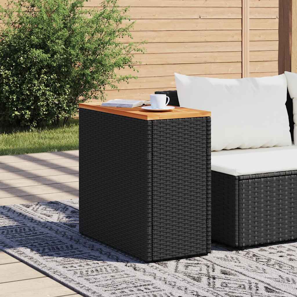 vidaXL Stolik ogrodowy z drewnianym blatem, czarny, 58x27,5x55 cm, polirattan