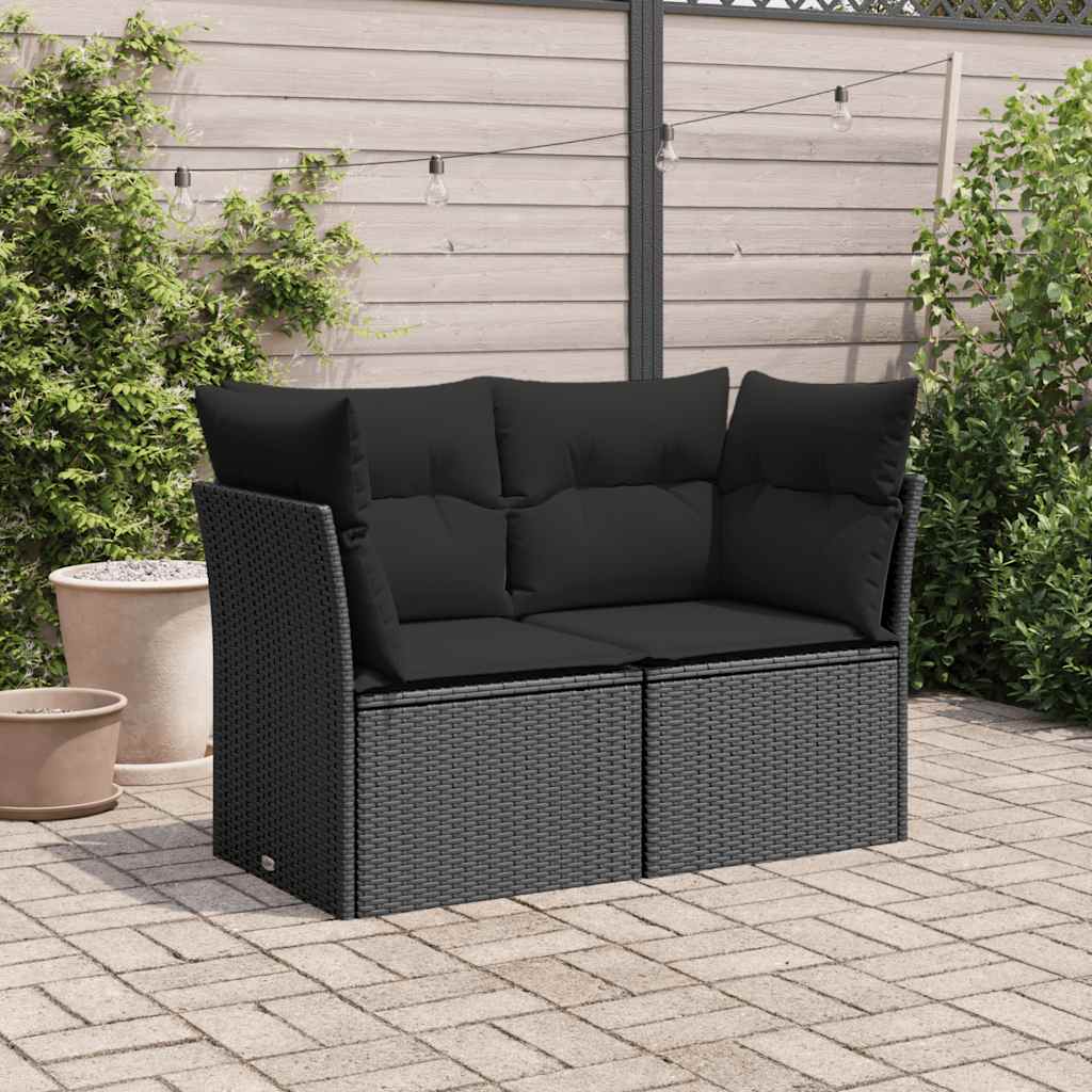 vidaXL Sofa ogrodowa z poduszkami, 2-osobowa, czarna, z polirattanu